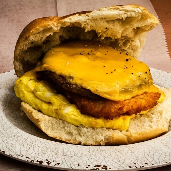 Breakfast sandwich with egg, hash brown, sausage patty, and melted cheese on a bun.