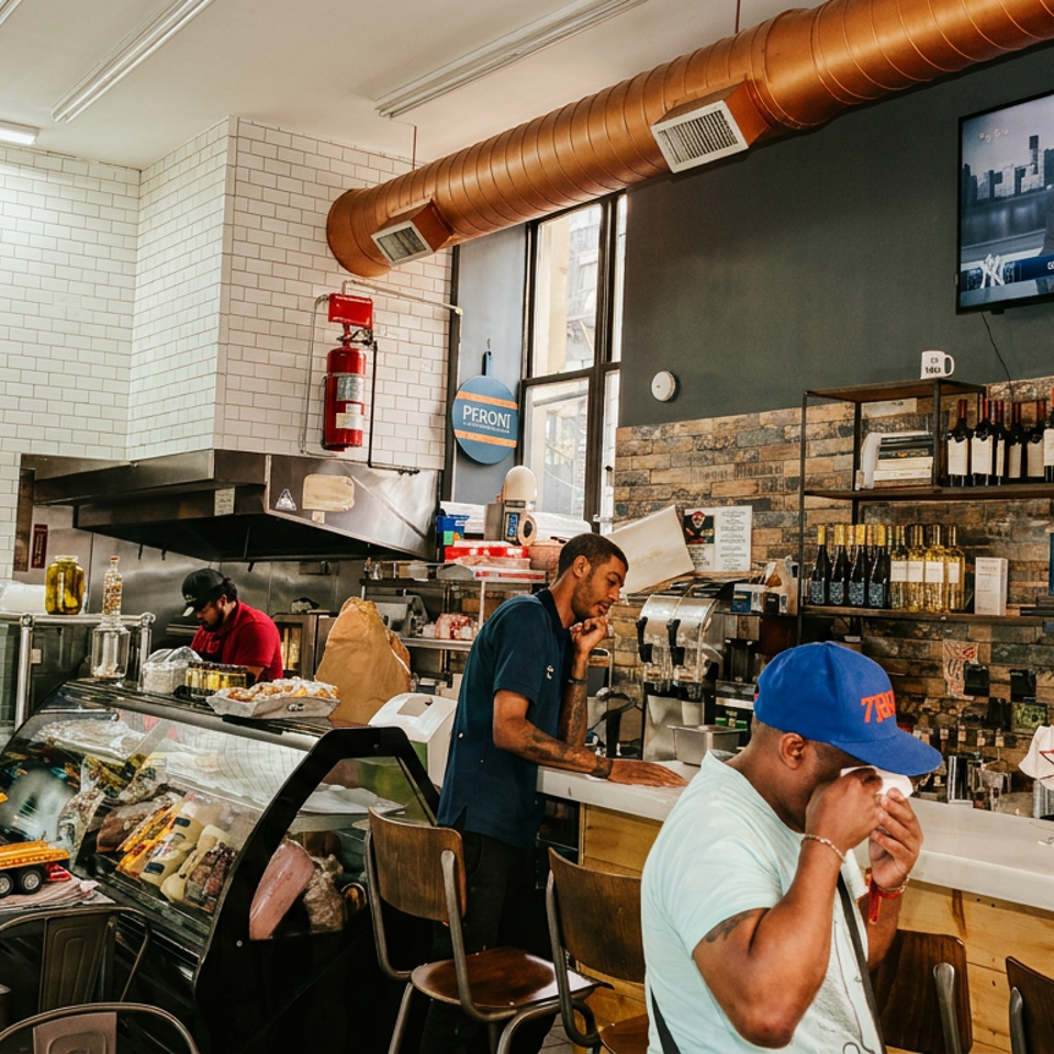 Customers and staff inside a bustling deli with a display case, bar seating, and a TV.