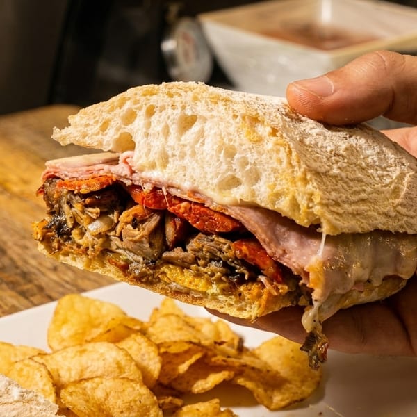 Hand holding a hearty sandwich filled with meat, cheese, and roasted vegetables, with chips on the side.