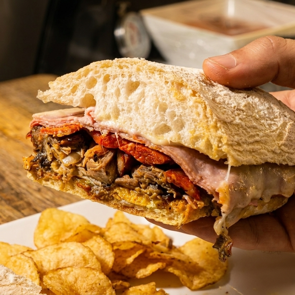 Hand holding a hearty sandwich filled with meat, cheese, and roasted vegetables, with chips on a plate.