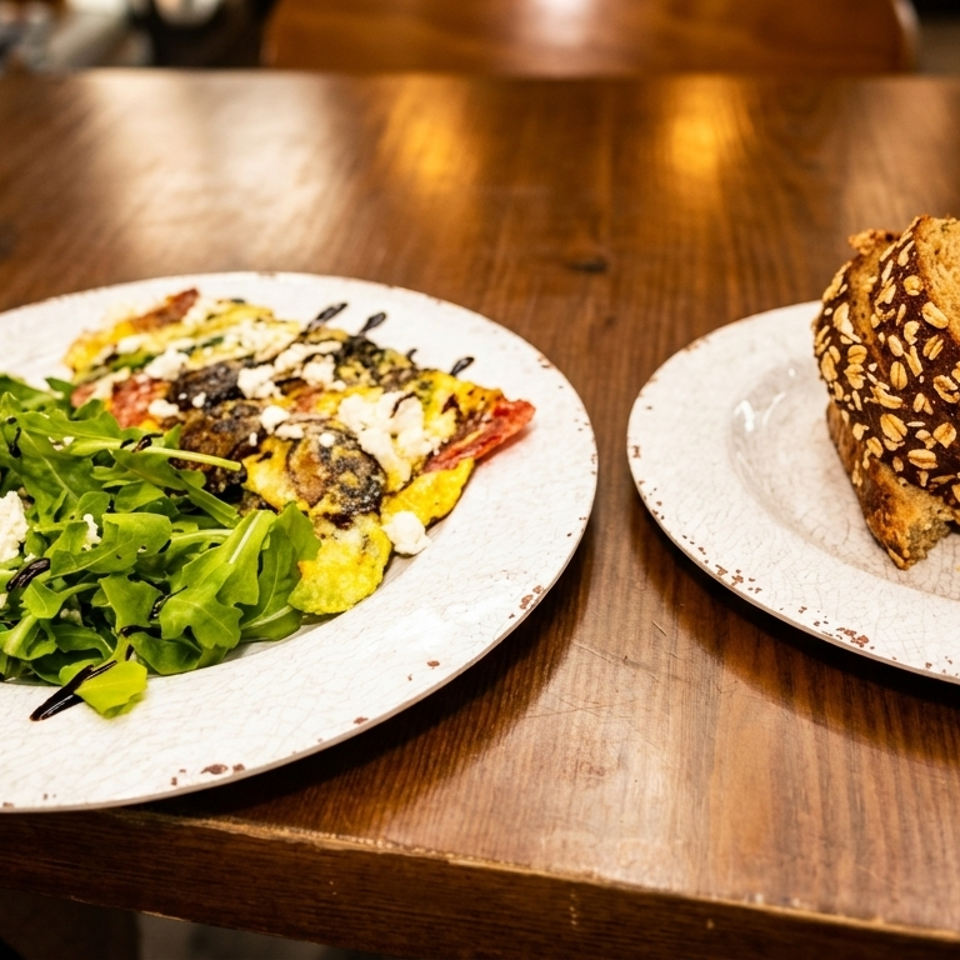 A plate of omelet with arugula salad and a side of whole-grain toast on a wooden table.