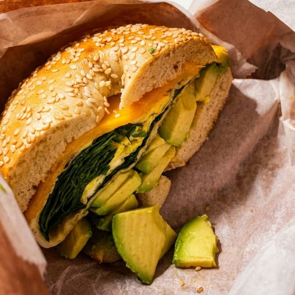 Sesame bagel sandwich with avocado, egg, and spinach, served in a brown paper bag.