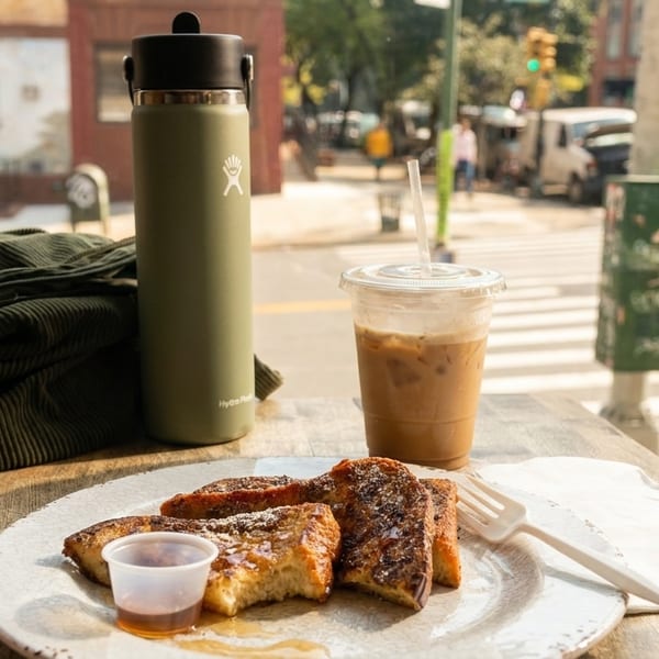 French toast with syrup, iced coffee, and a water bottle on a table by a window overlooking a city street.