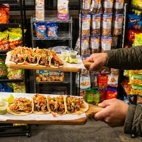 Hands holding two wooden boards with tacos and lime wedges in front of snack shelves.