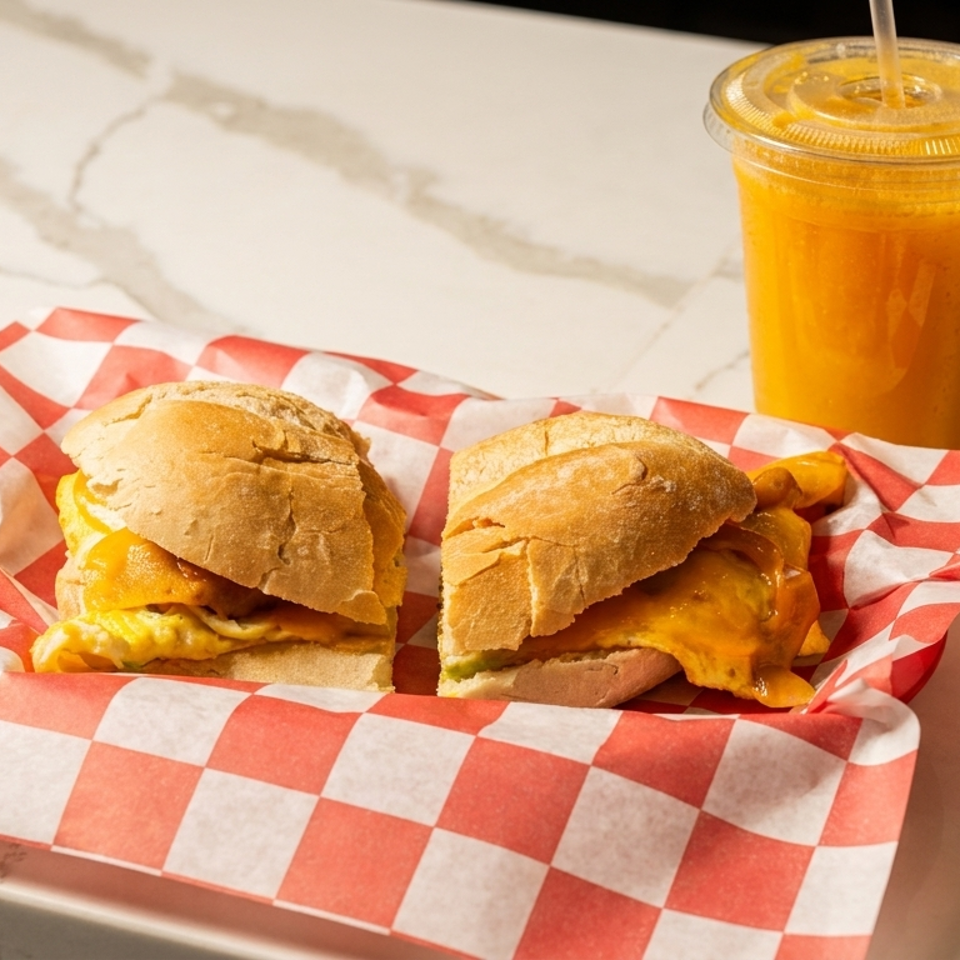 Two breakfast sandwiches with melted cheese and scrambled eggs in a red checkered basket with an orange juice.