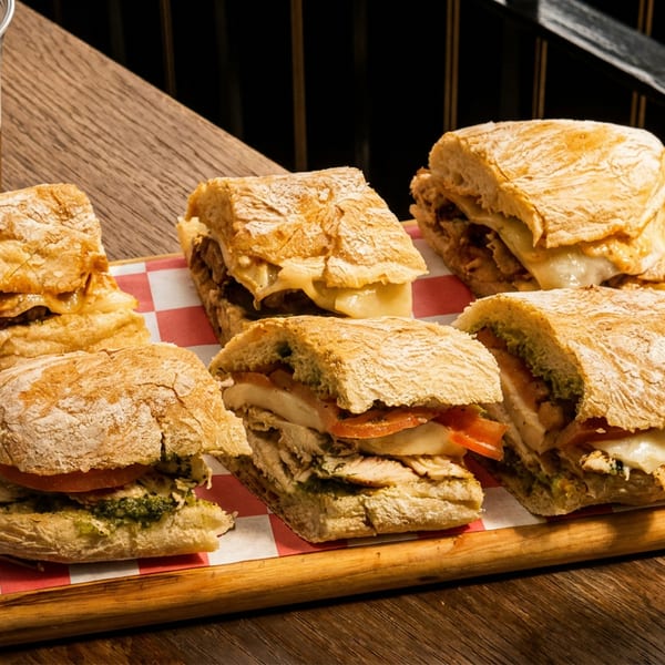 Six ciabatta sandwiches with various fillings, a beer, and a beer can on a wooden board.