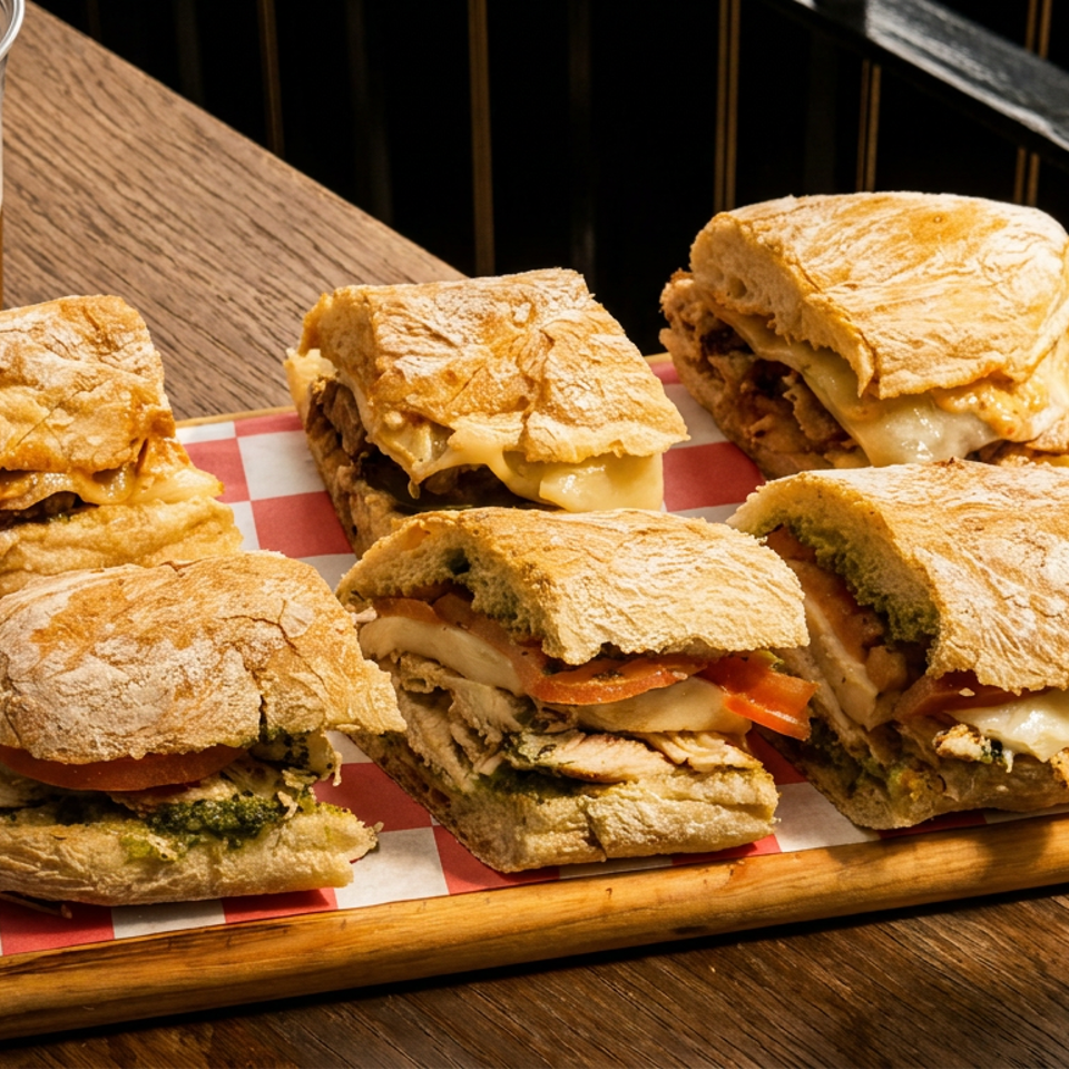 Six ciabatta sandwiches with various fillings, a beer, and a beer can on a wooden board.