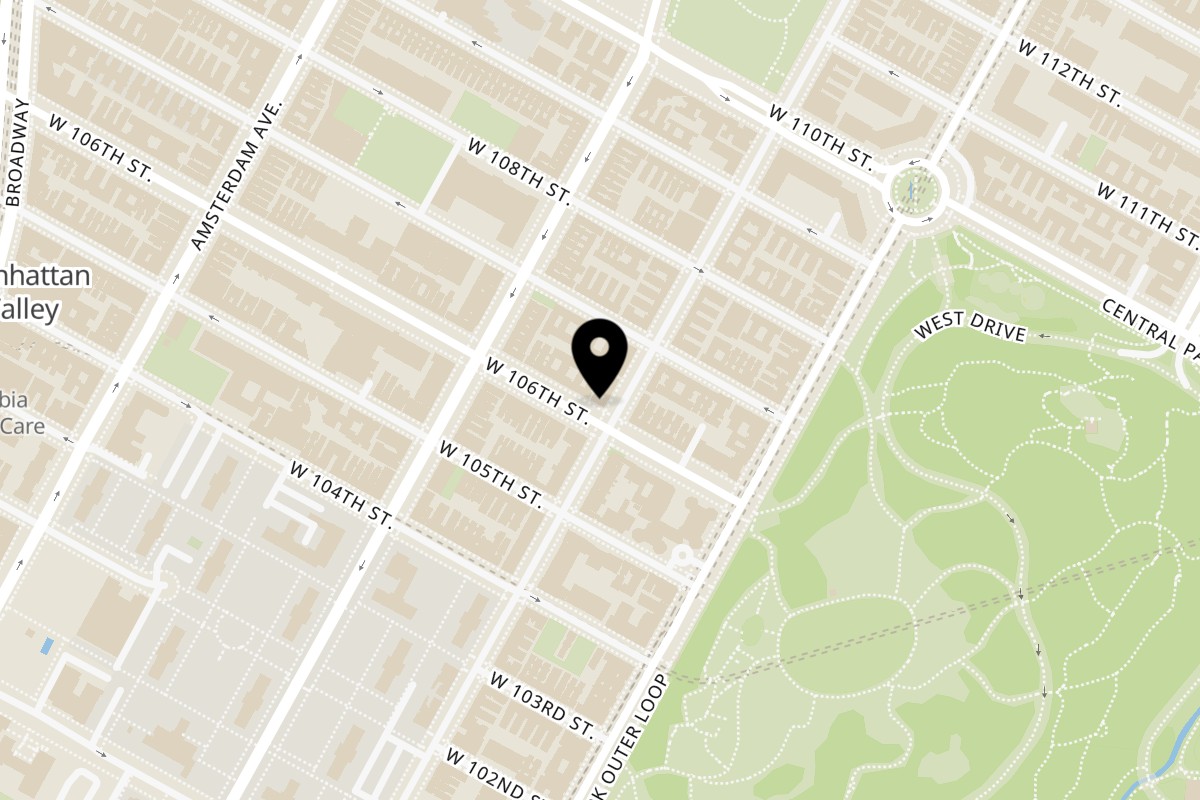 Map showing the location of Macc Deli Cafe on 51 W 106th St in New York